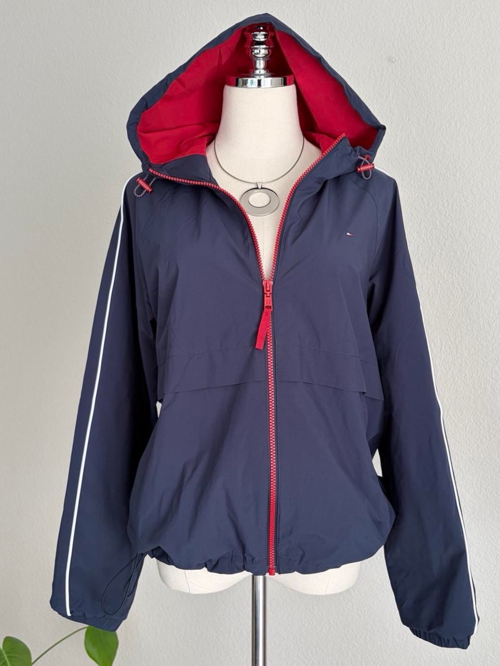 Tommy Hilfiger Navy Hooded Bomber Jacket with Red Lining